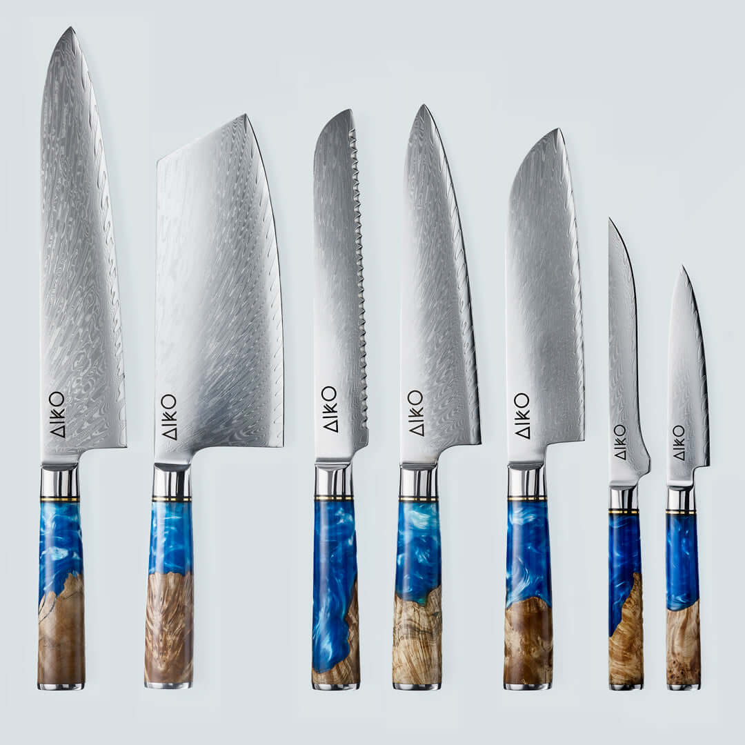 Aiko Blue Damascus Steel Knife with Coloured Blue Resin Handle - Image 15