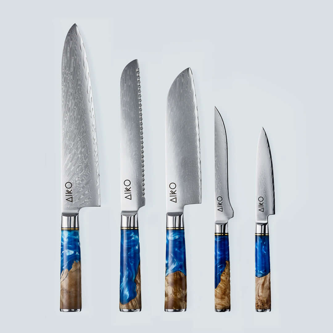 Aiko Blue Damascus Steel Knife with Coloured Blue Resin Handle - Image 18
