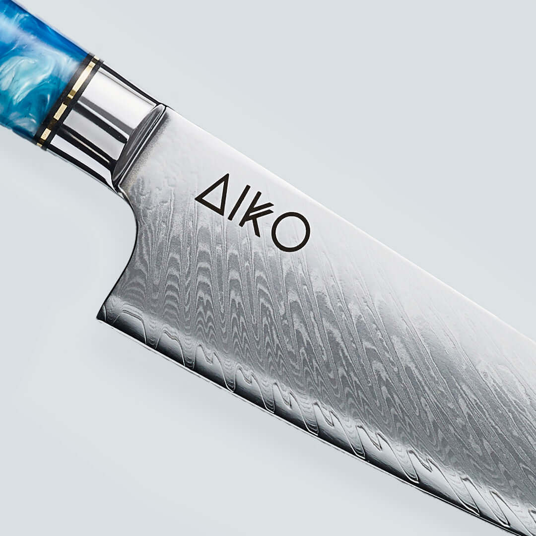 Aiko Blue Damascus Steel Knife with Coloured Blue Resin Handle - Image 4