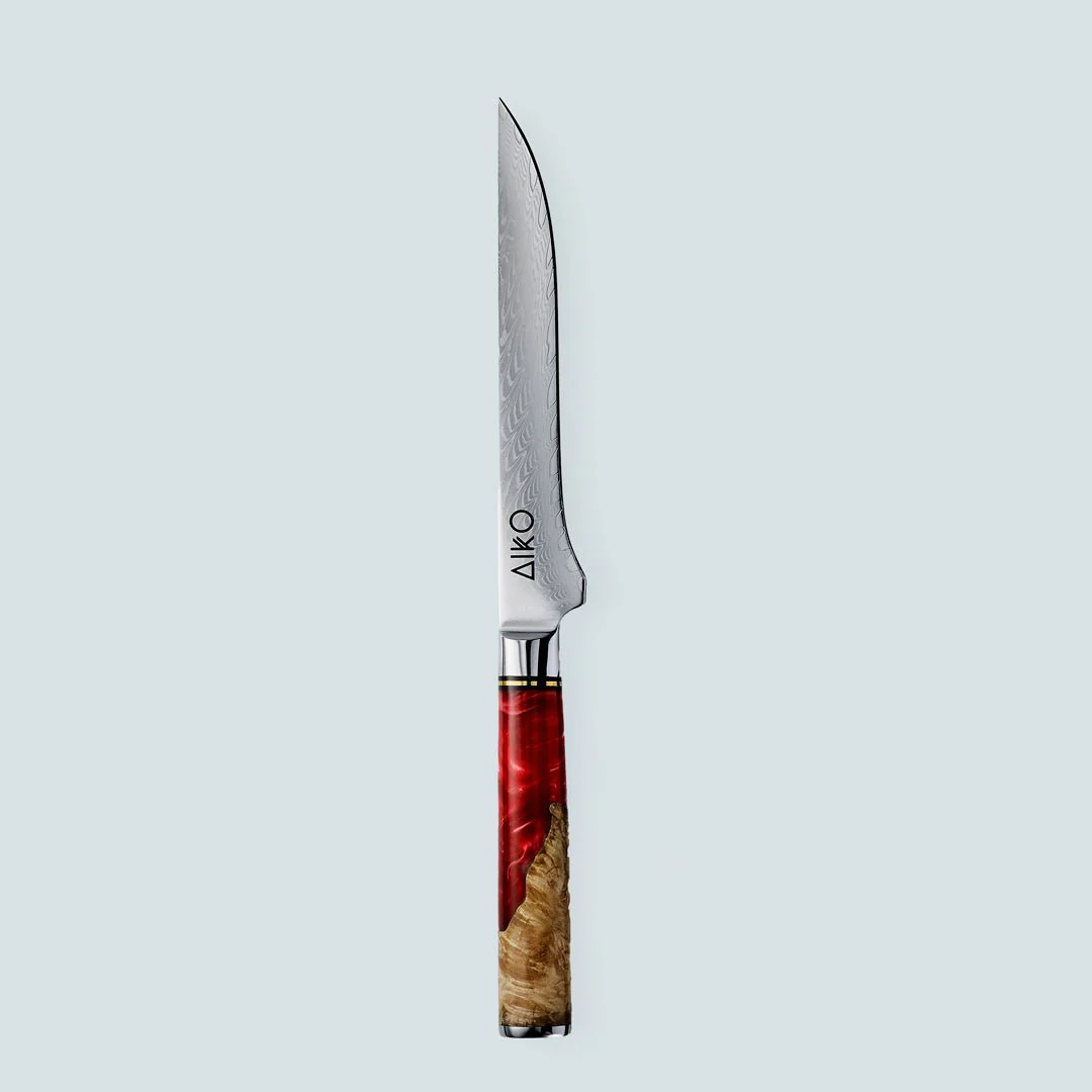 Aiko Red Damascus Steel Knife with Coloured Red Resin Handle - Image 12