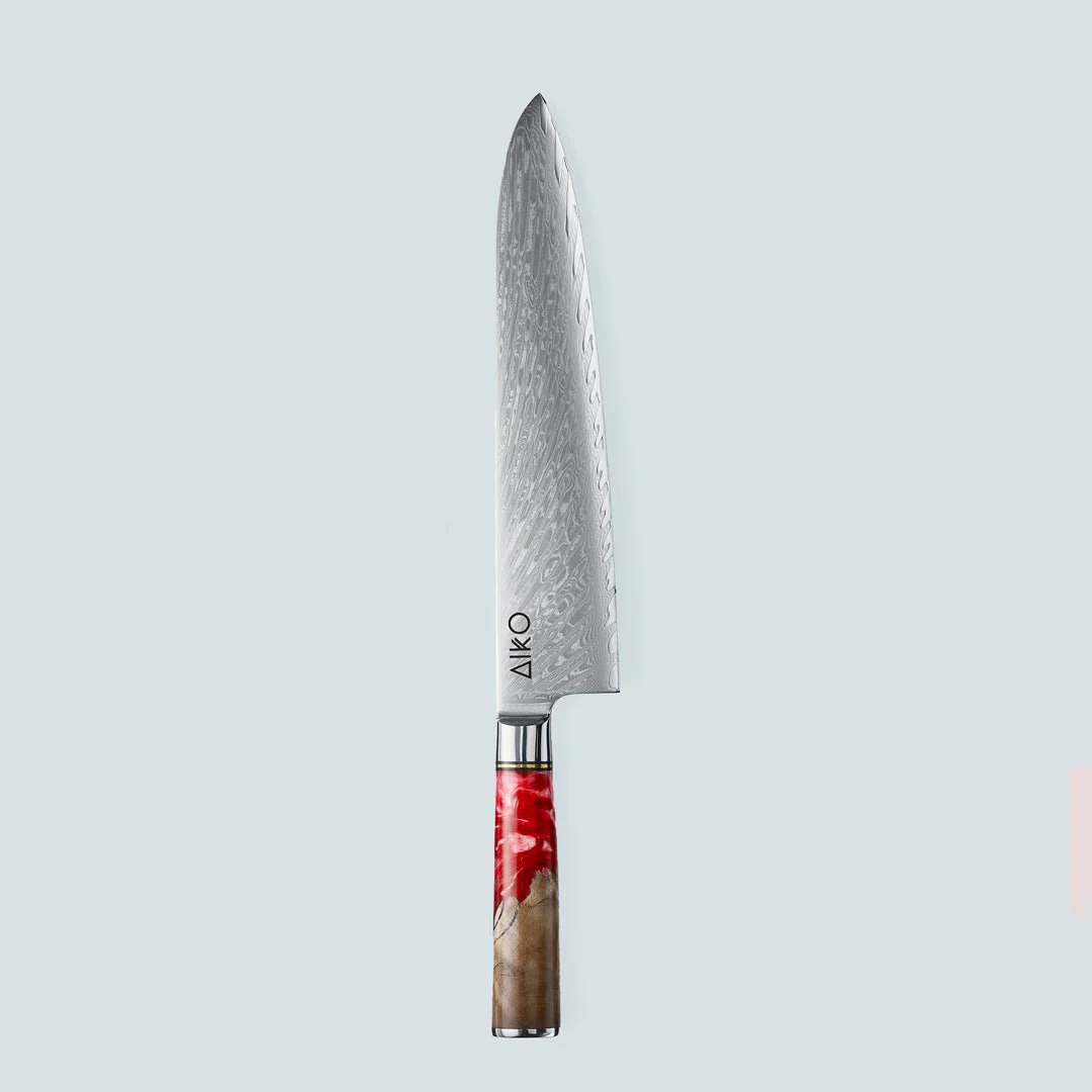 Aiko Red Damascus Steel Knife with Coloured Red Resin Handle - Image 13