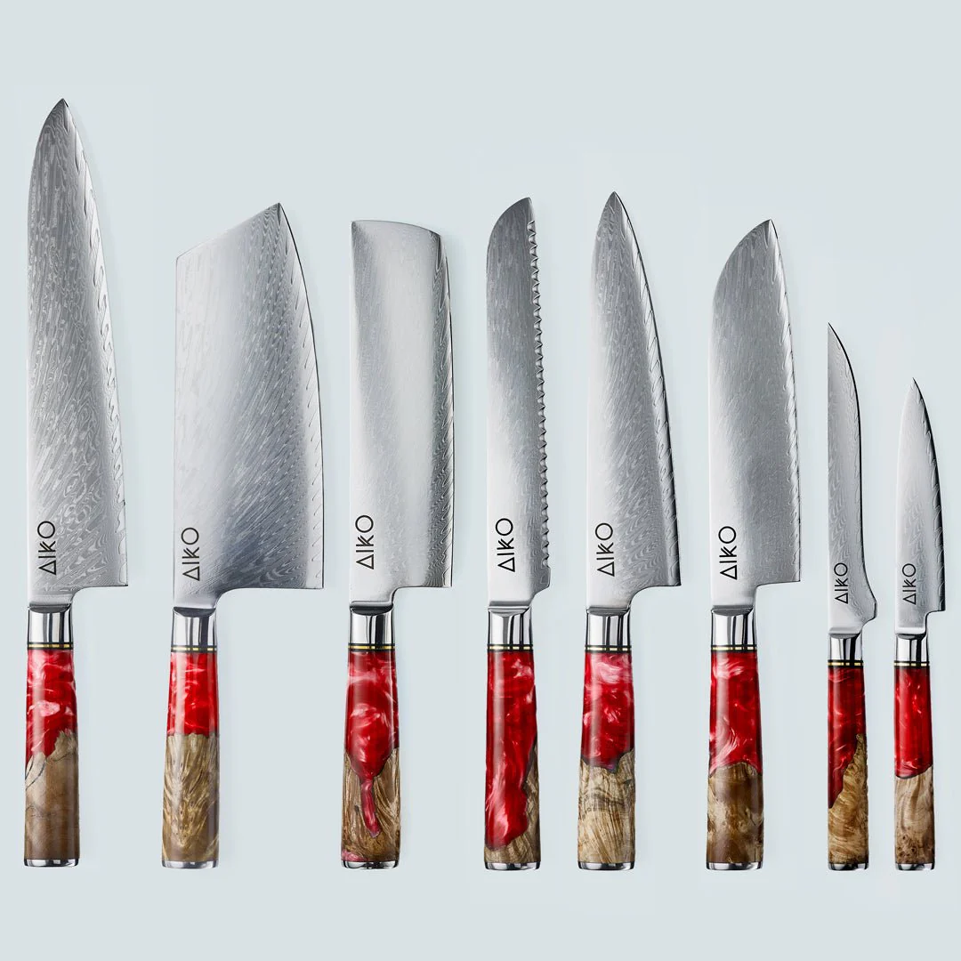 Aiko Red Damascus Steel Knife with Coloured Red Resin Handle - Image 14