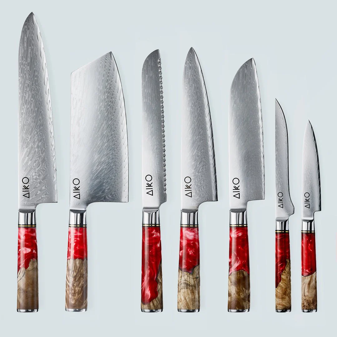 Aiko Red Damascus Steel Knife with Coloured Red Resin Handle - Image 15