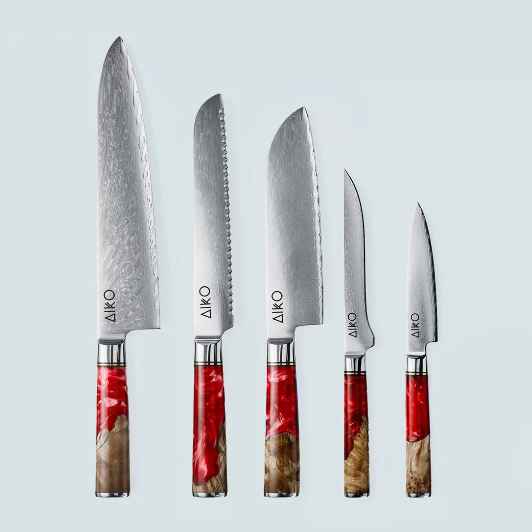 Aiko Red Damascus Steel Knife with Coloured Red Resin Handle - Image 17