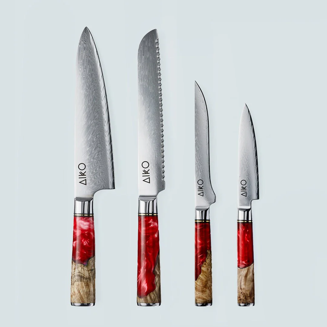 Aiko Red Damascus Steel Knife with Coloured Red Resin Handle - Image 18