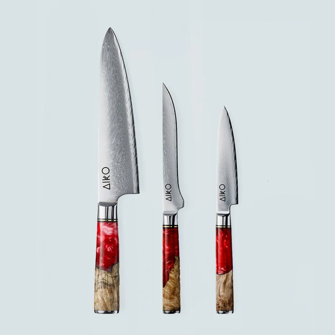 Aiko Red Damascus Steel Knife with Coloured Red Resin Handle - Image 19