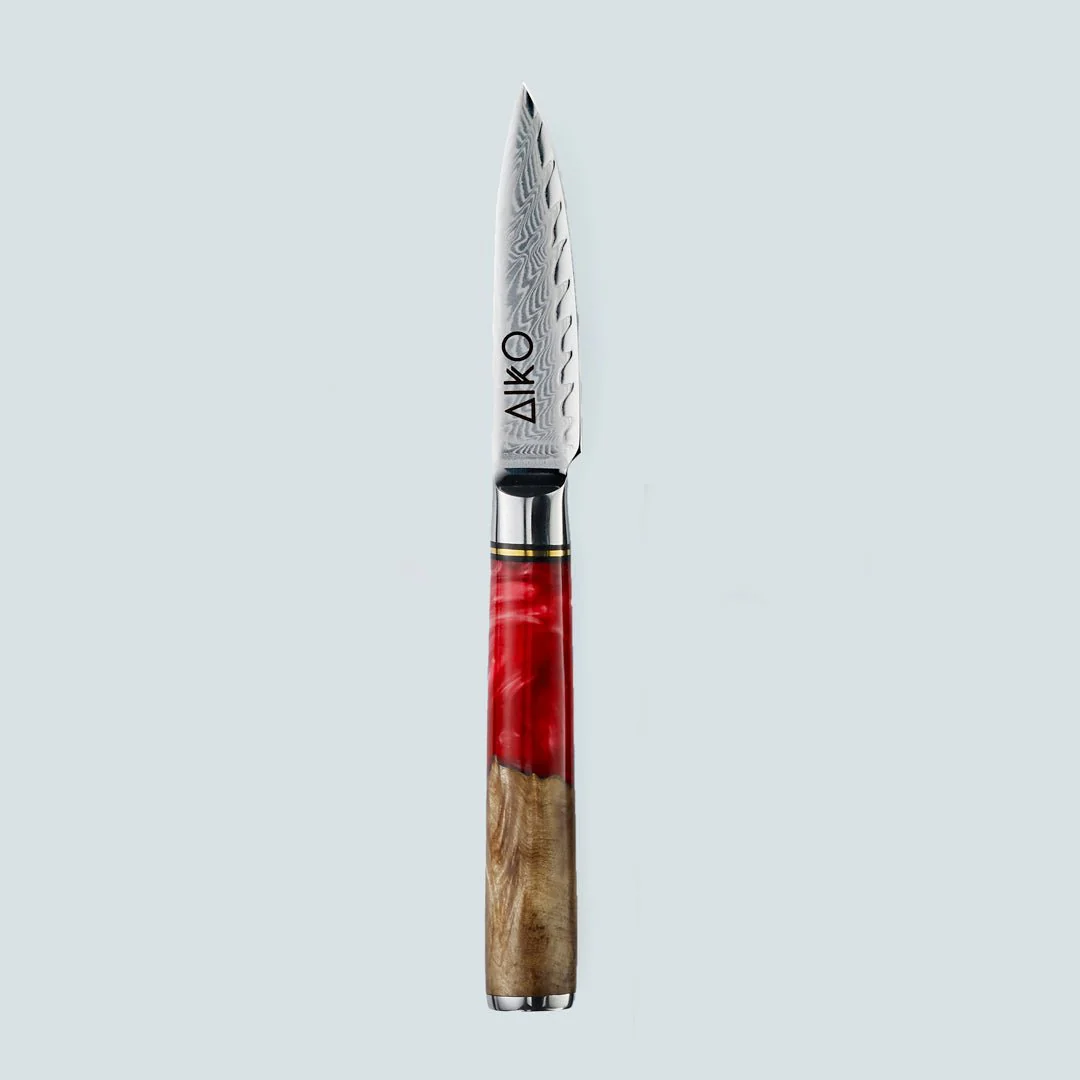 Aiko Red Damascus Steel Knife with Coloured Red Resin Handle - Image 20
