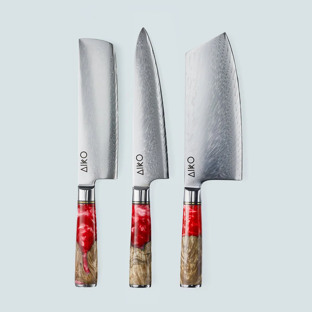 Aiko Red Damascus Steel Knife with Coloured Red Resin Handle - Image 3