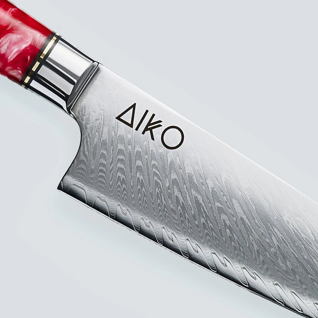 Aiko Red Damascus Steel Knife with Coloured Red Resin Handle - Image 6