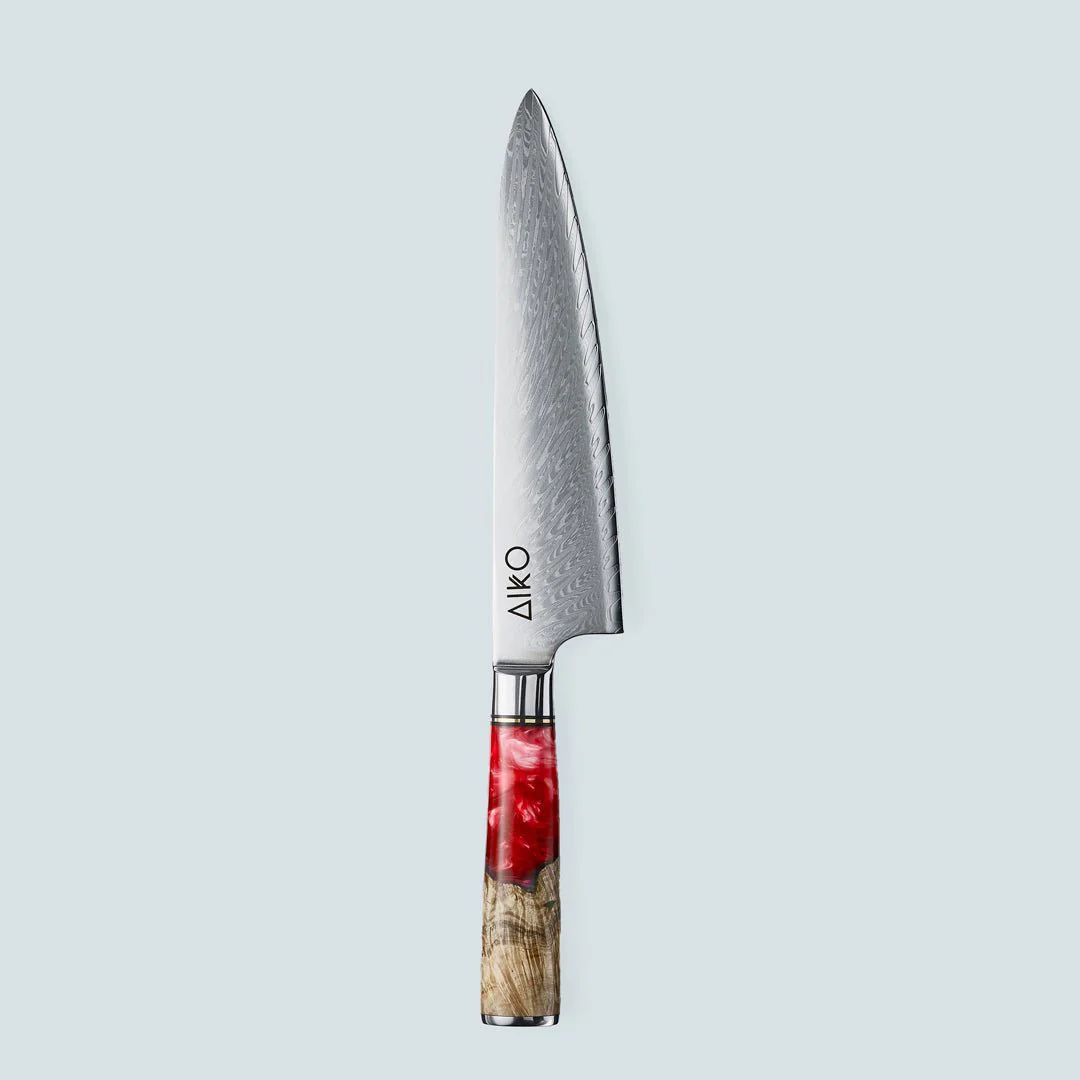 Aiko Red Damascus Steel Knife with Coloured Red Resin Handle - Image 9