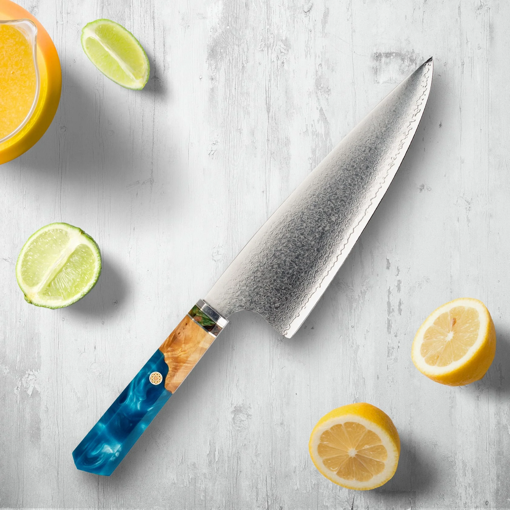 Makito Damascus Steel Knives With Coloured Blue Resin Handle - Image 10