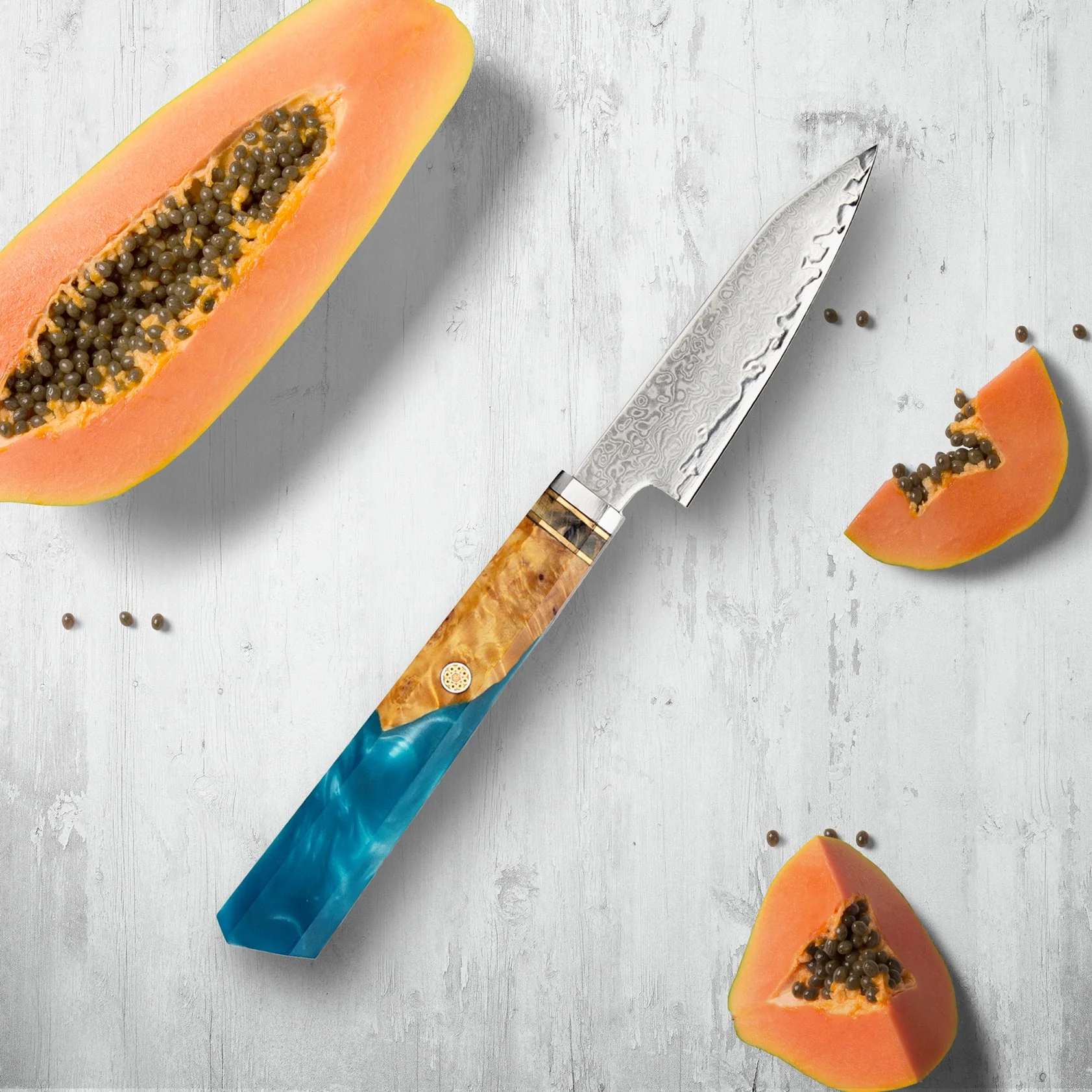 Makito Damascus Steel Knives With Coloured Blue Resin Handle - Image 11