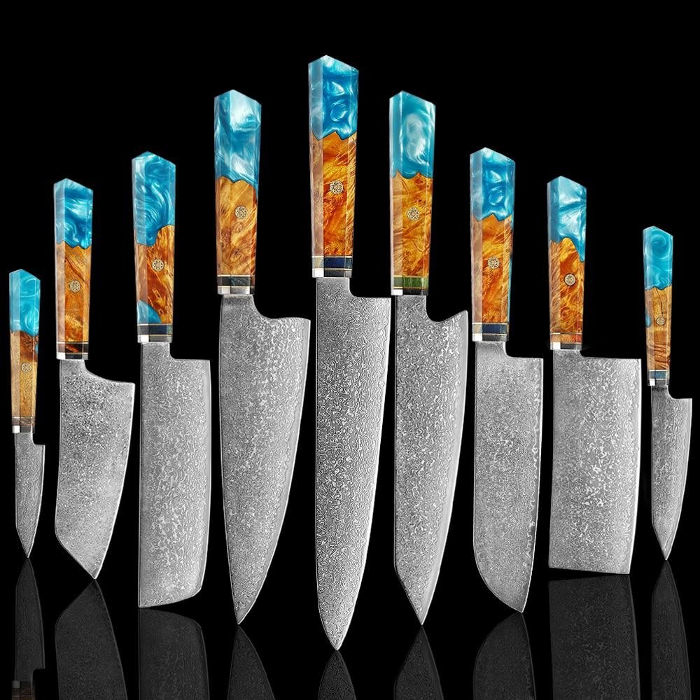 Makito Damascus Steel Knives With Coloured Blue Resin Handle - Image 15