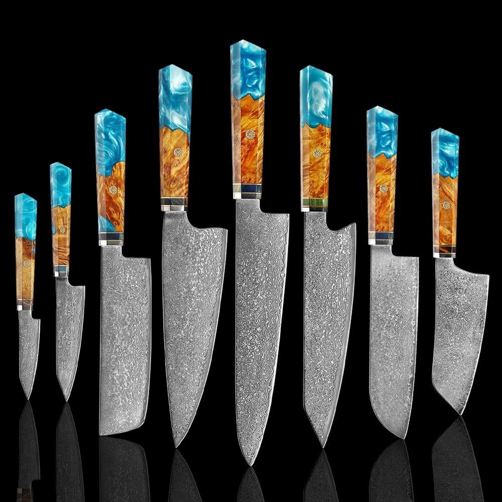 Makito Damascus Steel Knives With Coloured Blue Resin Handle - Image 16
