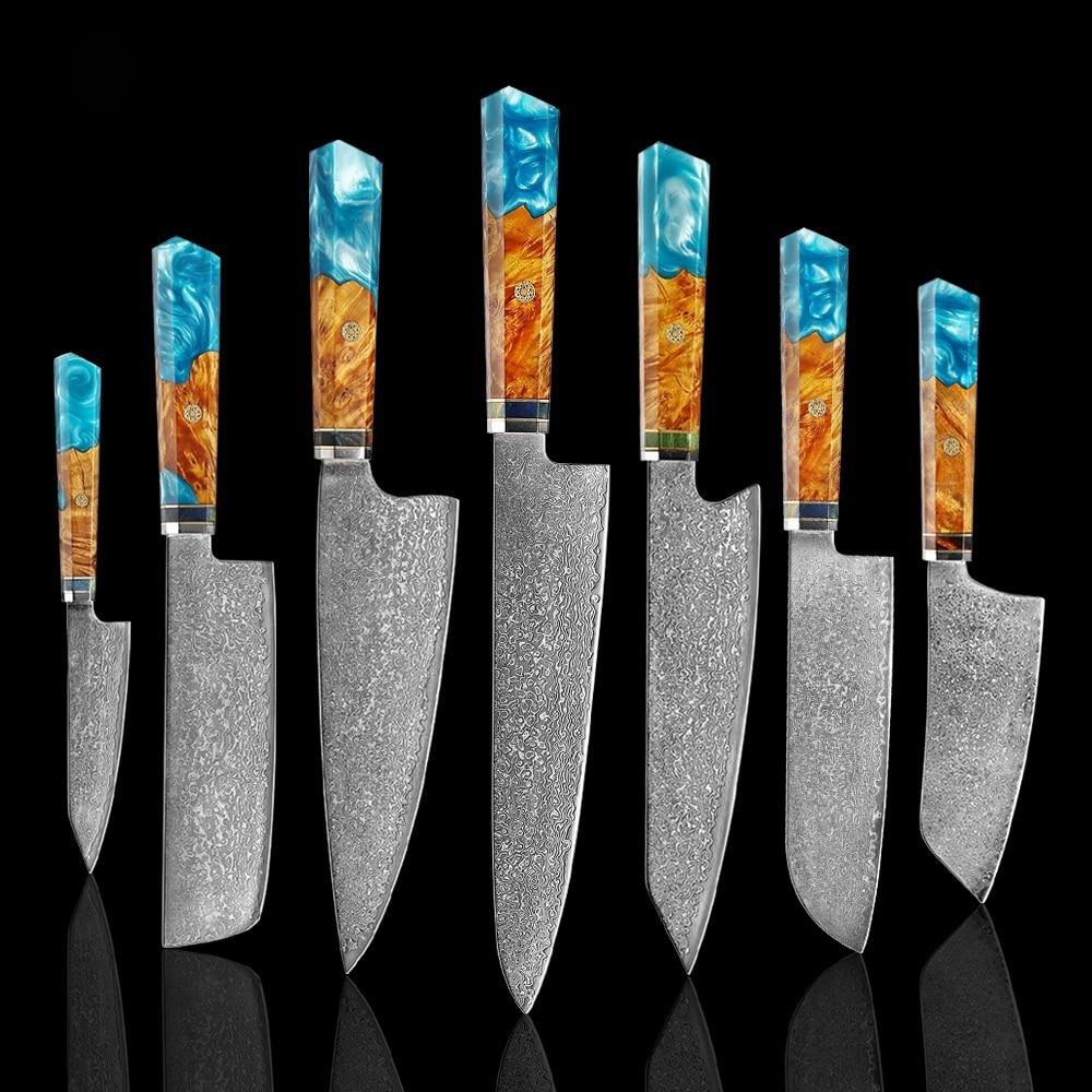 Makito Damascus Steel Knives With Coloured Blue Resin Handle - Image 17