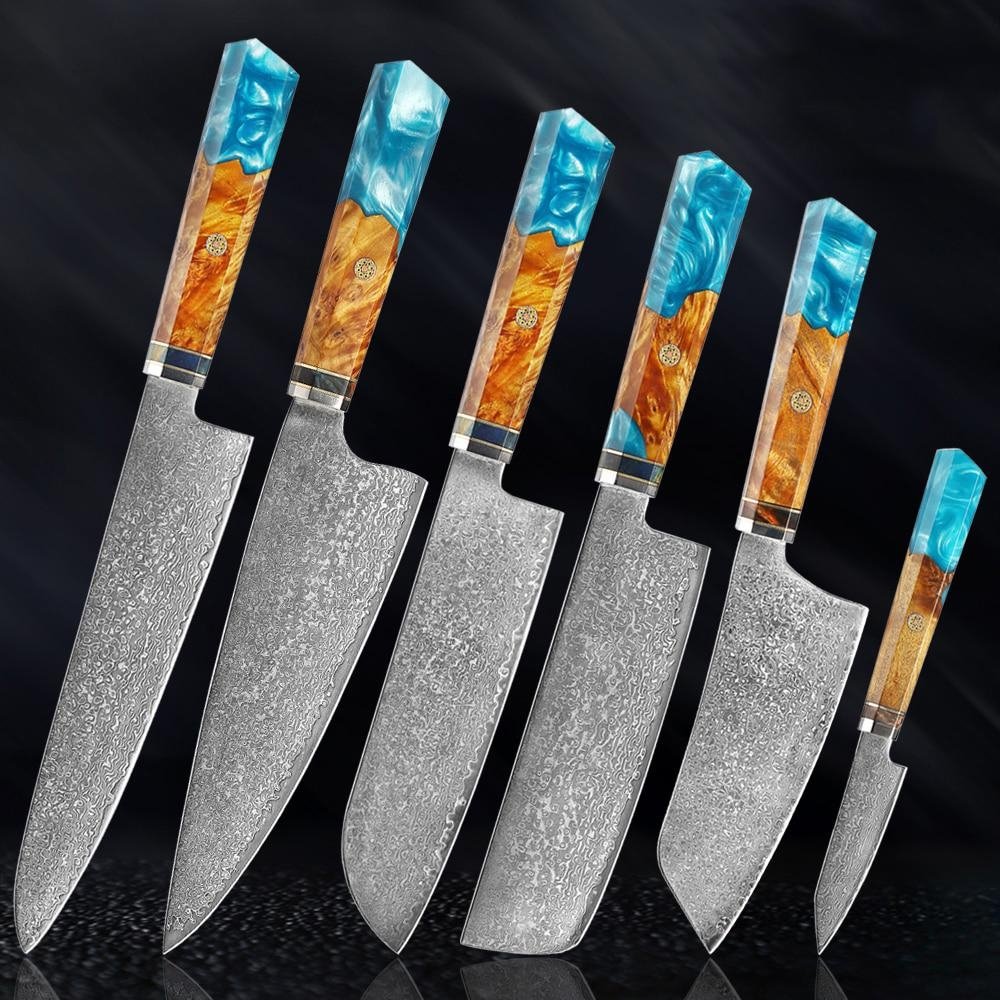 Makito Damascus Steel Knives With Coloured Blue Resin Handle - Image 18