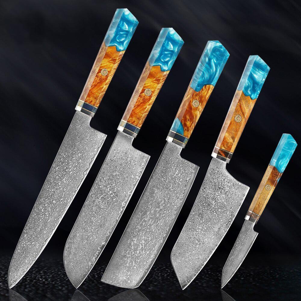 Makito Damascus Steel Knives With Coloured Blue Resin Handle - Image 19