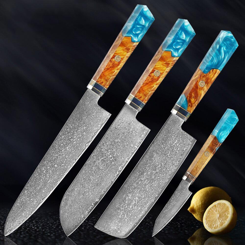 Makito Damascus Steel Knives With Coloured Blue Resin Handle - Image 20