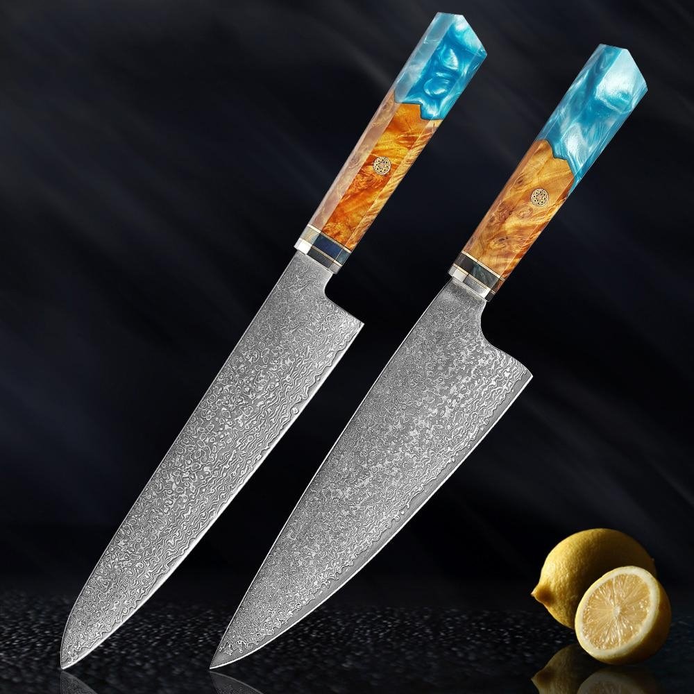 Makito Damascus Steel Knives With Coloured Blue Resin Handle - Image 22