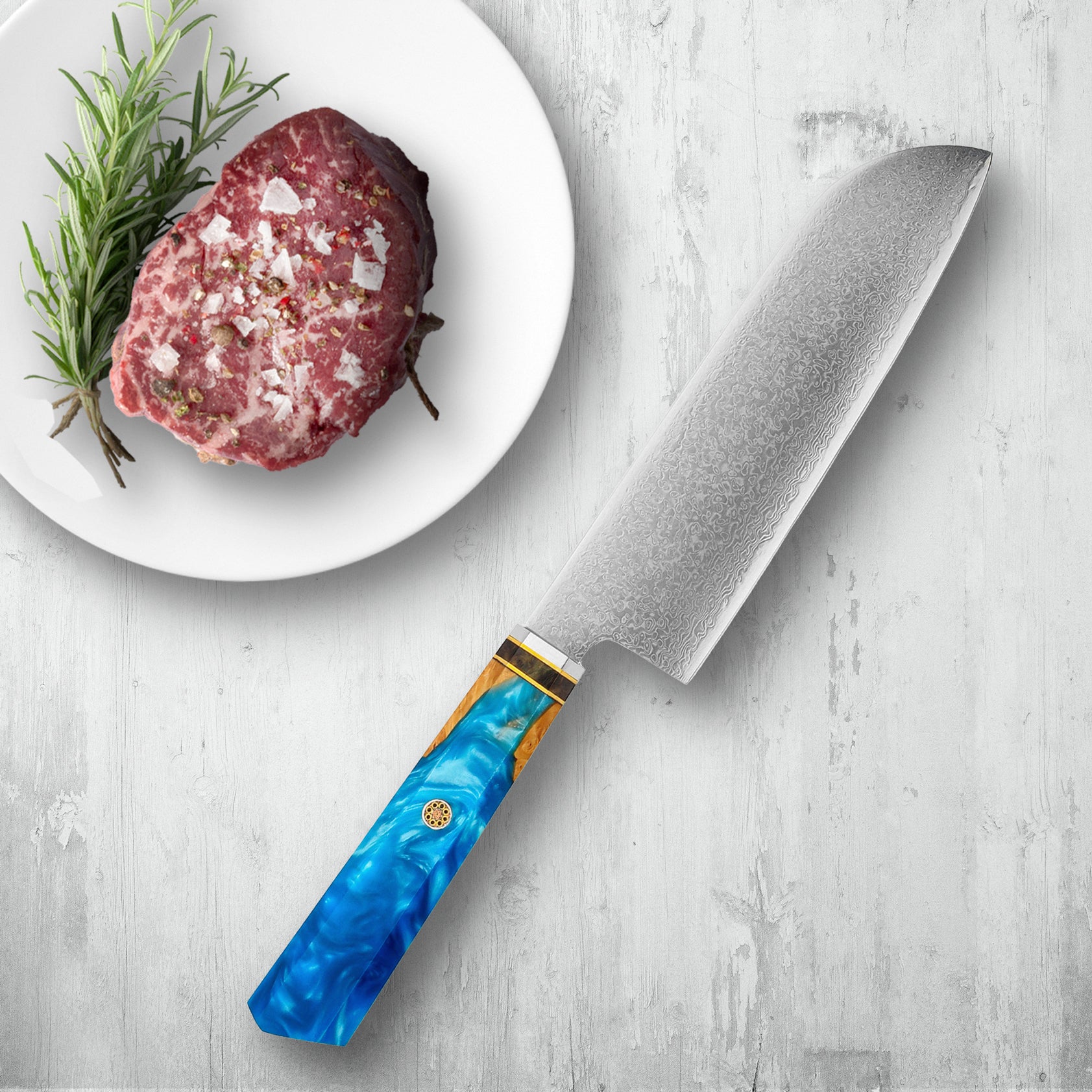 Makito Damascus Steel Knives With Coloured Blue Resin Handle - Image 25