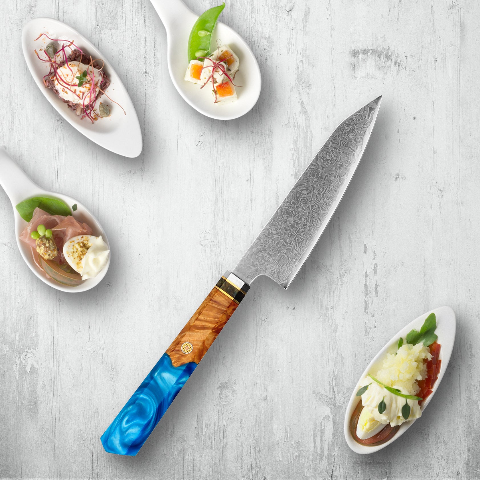 Makito Damascus Steel Knives With Coloured Blue Resin Handle - Image 27