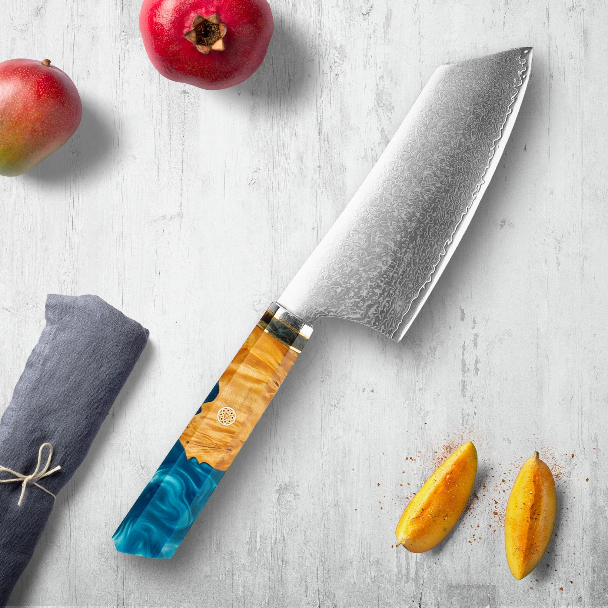 Makito Damascus Steel Knives With Coloured Blue Resin Handle - Image 8